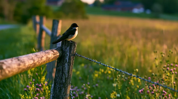 Small bird perched on a weathered fence beside a flowering meadow in warm evening light.