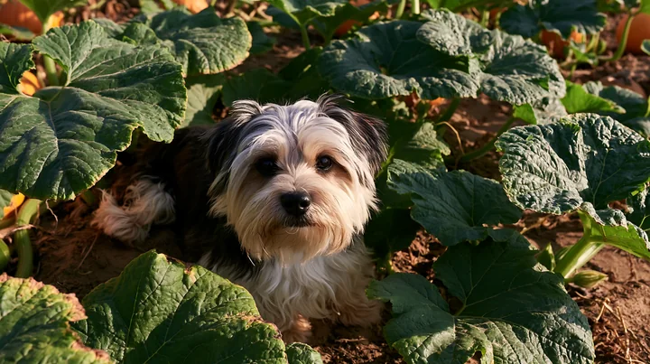 Small shaggy dog looks up from among large leafy garden plants in warm natural light.