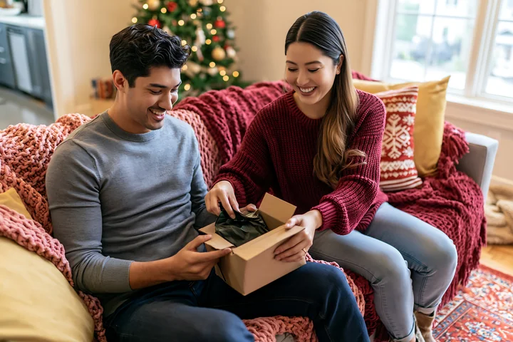 Smiling couple opening a gift on a festive sofa with blankets and pillows beside a decorated Christmas tree.