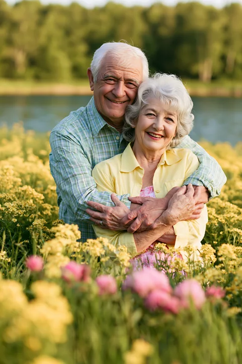 Smiling elderly couple embraces in a flower meadow beside a calm lake.