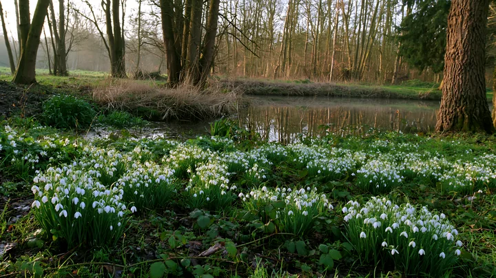 Snowdrop flowers beneath trees create a soft blanket in the foreground near a pond.