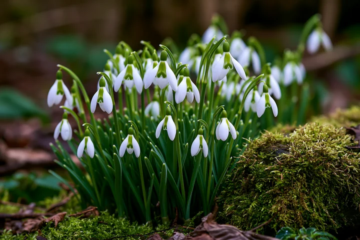 Snowdrop flowers grow in clusters beneath trees, adding a touch of brightness to the forest floor.