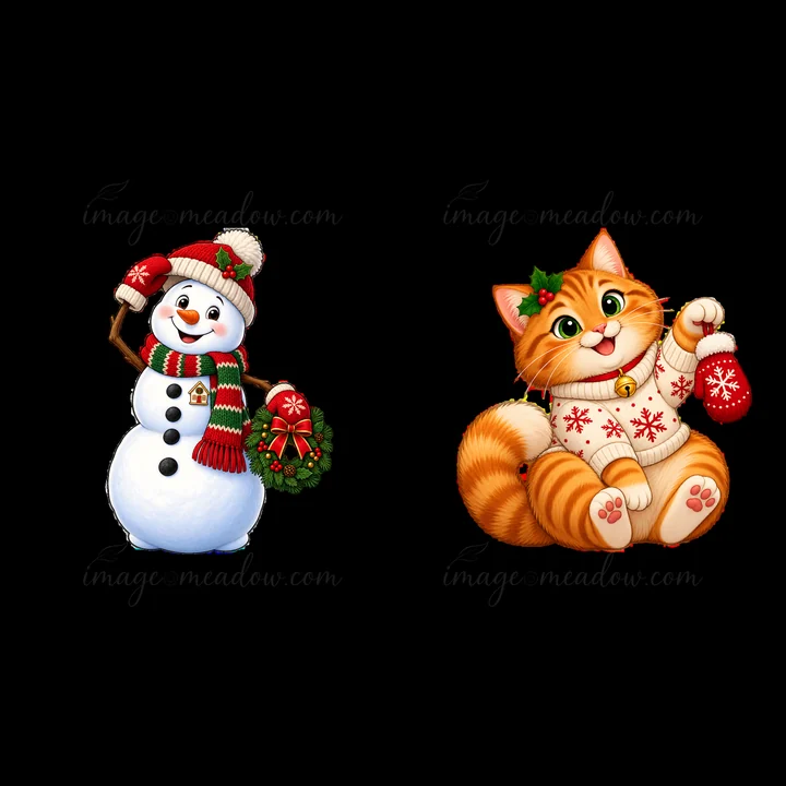 A cheerful snowman with a red and green striped scarf holds a wreath. Beside it, an orange tabby cat in a holiday sweater is joyfully holding a red ornament. Bo