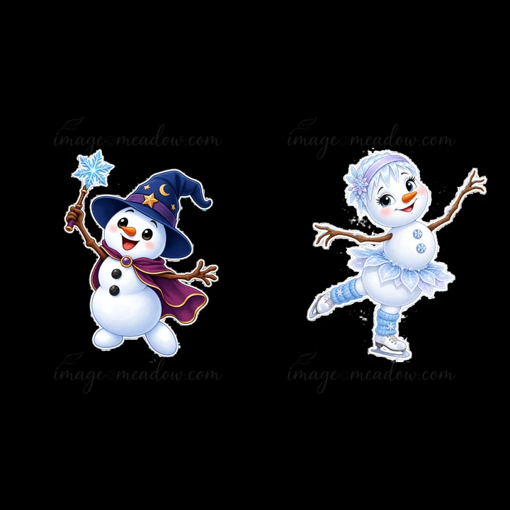 Two cartoon snowmen are shown in winter attire. One wears a wizard hat and holds a snowy wand, while the other is dressed for ice skating. Both have cheerful ex