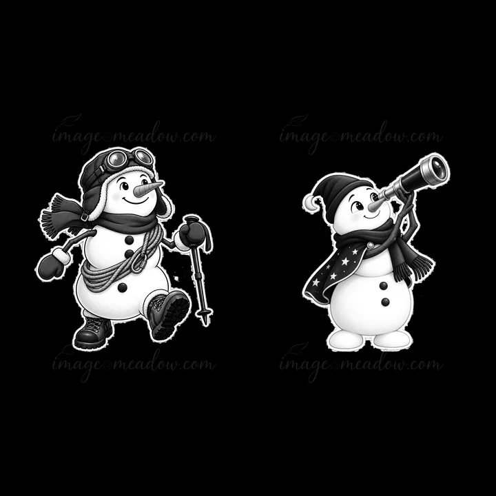 Two snowmen are depicted side by side. One snowman walks with a cane and wears goggles and a scarf, while the other looks through a telescope, wearing a hat and