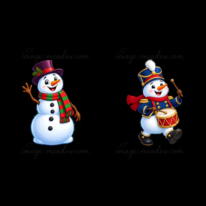 Two cheerful snowmen celebrate Christmas. One wears a green and red scarf with a top hat, waving, while the other wears a blue uniform, playing a drum.