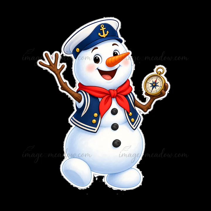 A snowman character is dressed in a navy captain's outfit and waving cheerfully while holding a compass. Its carrot nose and smiling face create a friendly appe