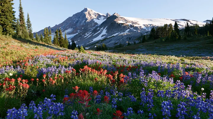 A snowmelt meadow features vibrant wildflowers of various colors under clear skies, with a mountain rising in the background during daylight.
