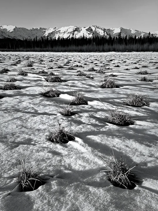 A snowmelt meadow shows patches of green grass emerging from the melting snow. In the background, mountains rise into the sky under a clear day. The scene captu