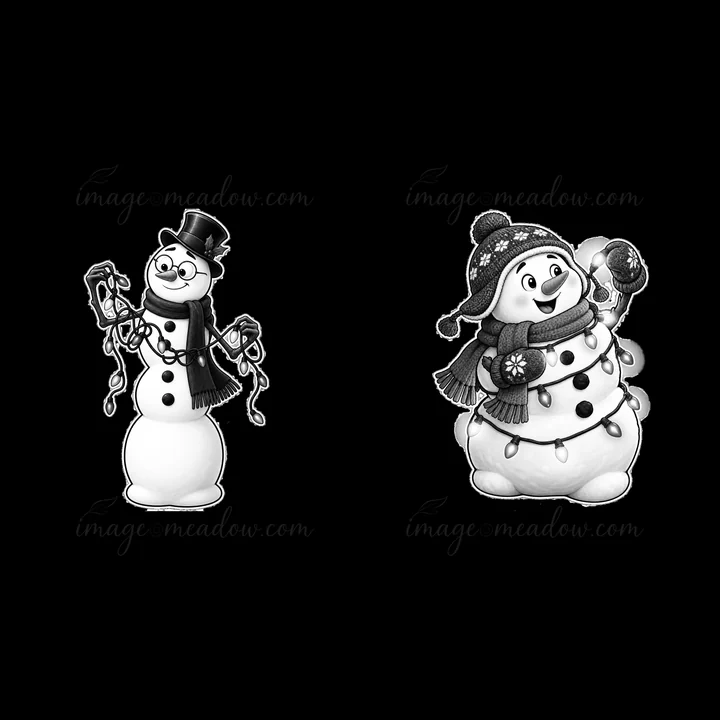 Two snowmen are joyful while holding string lights. One snowman wears a top hat and the other wears a hat with a pom-pom. They are preparing for a festive celeb