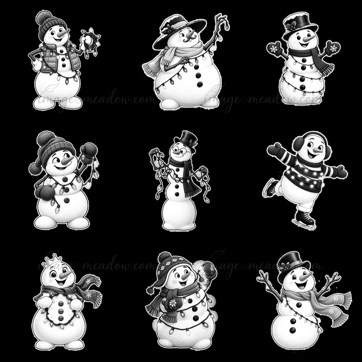 This artwork features nine snowmen in a 3x3 arrangement. Each snowman has a unique pose and accessories, showcasing string lights and various hats and scarves.