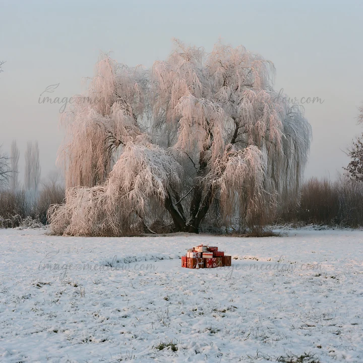 A snowy meadow features a cluster of wrapped presents placed on the ground. Frost-covered trees surround the area, creating a winter scene in a cold outdoor set