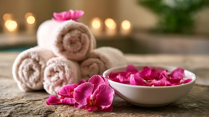 Soft towels are stacked on a stone surface next to a bowl filled with pink flower petals.