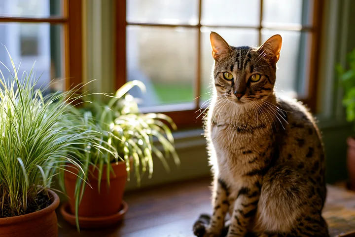Spotted cat sits indoors beside potted plants and sunlit windows.