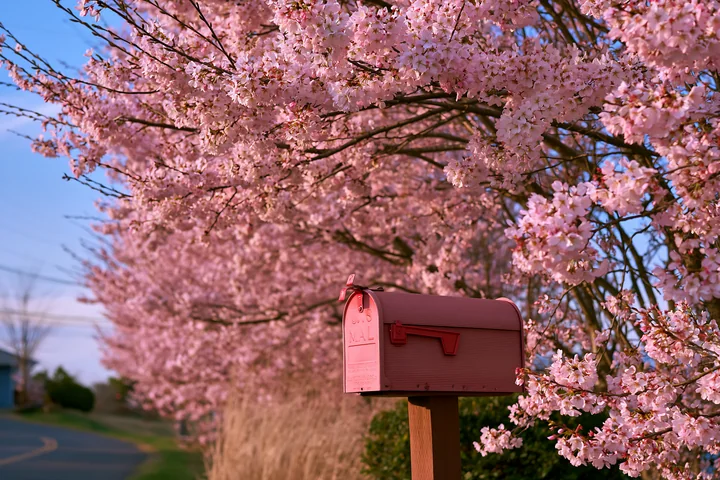 Spring blossom trees against blue sky frame a pink mailbox on a path.