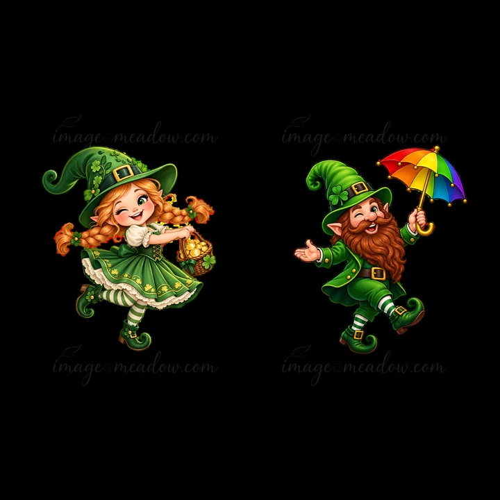 A cheerful girl gnome with orange hair wears a green dress and holds gold coins. A smiling boy gnome with a beard carries an umbrella and wears a green outfit.