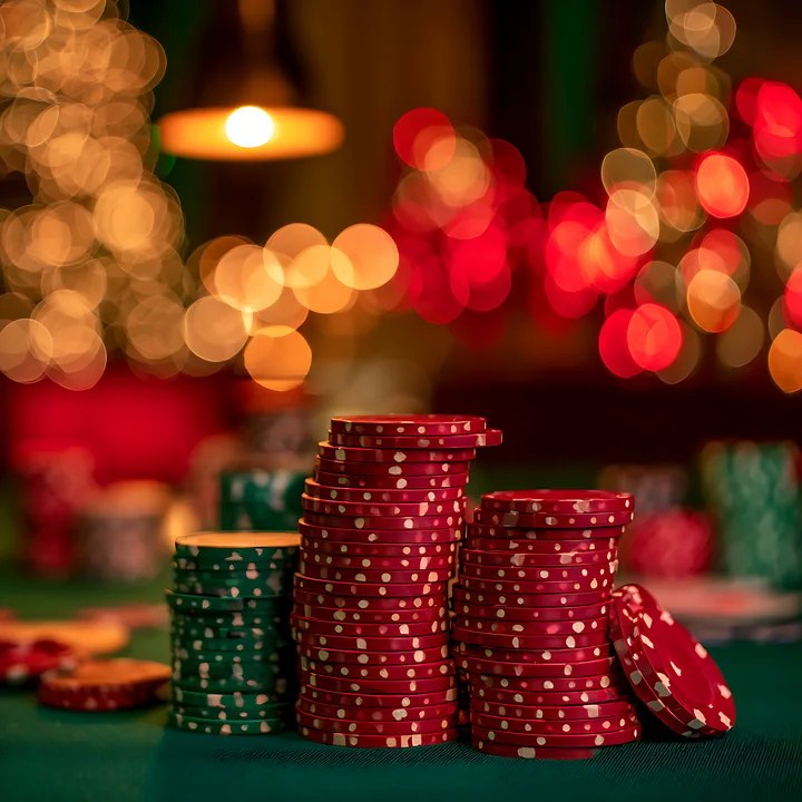 Stacks of red and green casino chips are arranged neatly on a table surrounded by bright holiday lights.