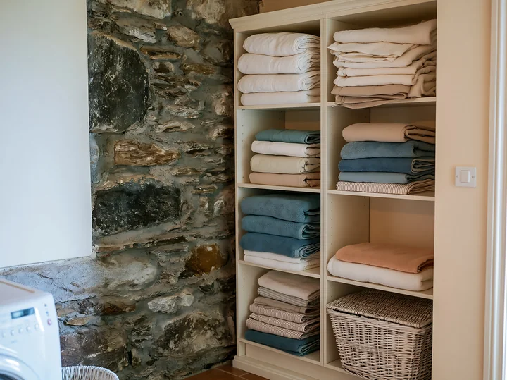 Storage shelf filled with neatly stacked towels stands against an exposed stone wall in a farmhouse interior.
