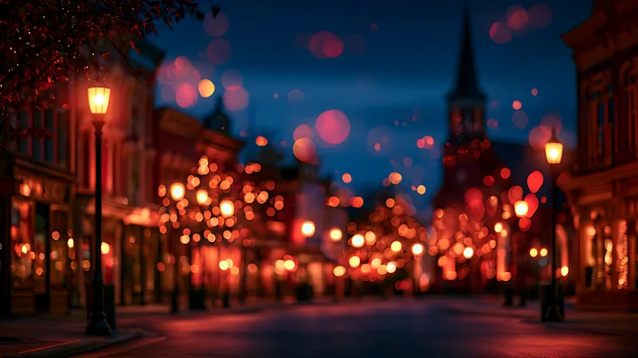 Street lights illuminate a charming street as the night falls, creating a warm and inviting atmosphere amidst the dark blue sky.