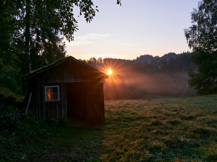 Sunbeams over a misty meadow create warm light as they shine through trees near a small wooden cabin.