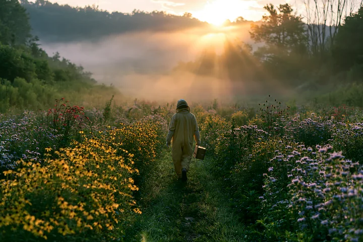 Sunbeams over a misty meadow highlight a person walking along a path surrounded by wildflowers.