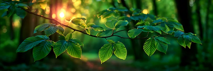 Sunlight shines through green leaves on a branch within a forest.