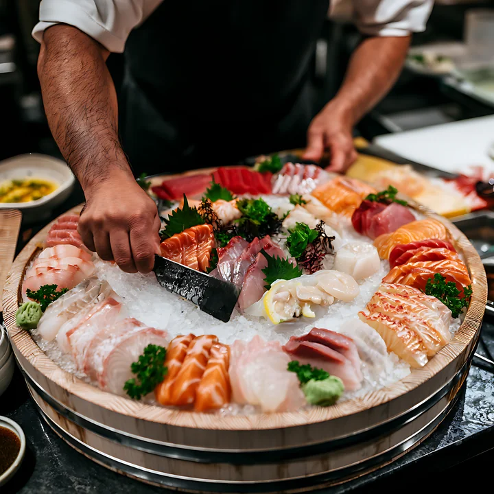 Sushi chef places assorted sashimi on crushed ice in a large platter.