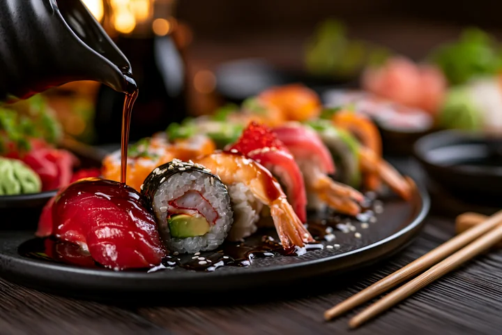 Sushi on dark moody table shows a variety of sushi rolls and pieces with a soy sauce being poured over them, creating an appetizing scene perfect for food lover