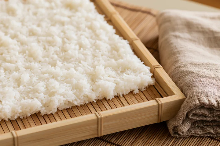 Sushi rice cooling on tray after cooking is spread evenly to help reduce steam and moisture.