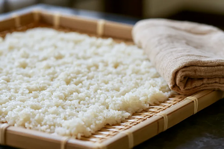 Sushi rice cooling on tray in a kitchen setting.