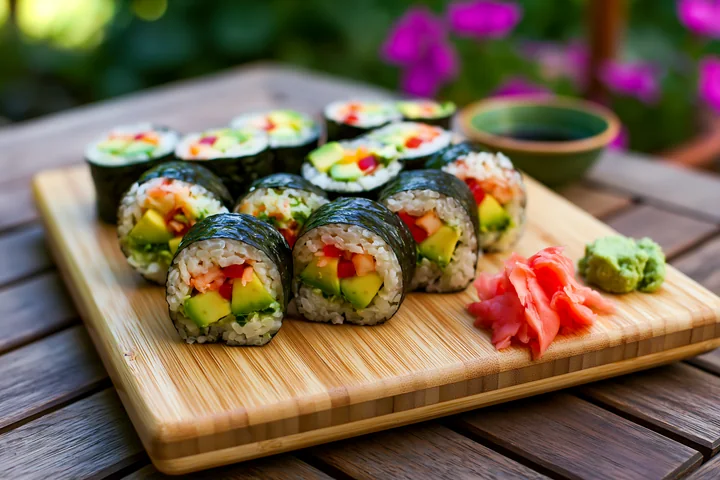 Sushi rolls served on bamboo tray show colorful ingredients like avocado, cucumber, and red bell pepper.