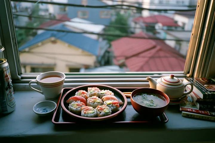 Sushi served with tea is displayed on a tray near a window overlooking rooftops.