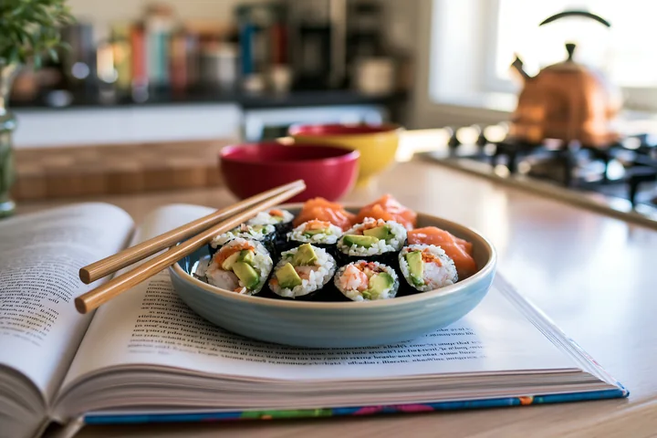 Sushi with chopsticks resting on bowl sits on an open cookbook in a bright kitchen.