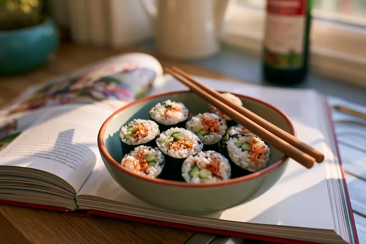 Sushi with chopsticks resting on bowl sits on an open cookbook, with natural light illuminating the scene, creating a cozy atmosphere in a kitchen setting.
