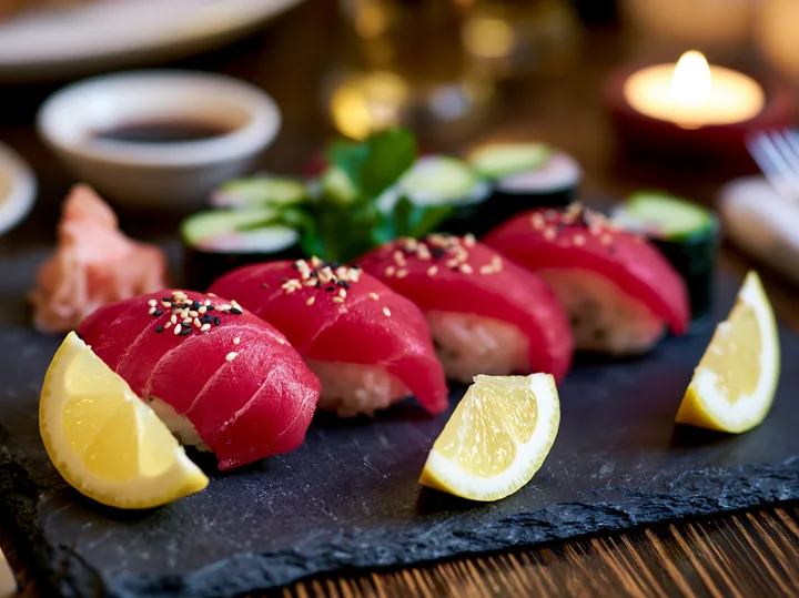 Sushi with lemon garnish close-up shows vibrant sushi pieces arranged on a dark slate surface.