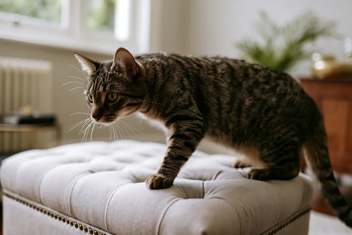 Tabby cat walking across a light tufted ottoman in a softly lit indoor room.
