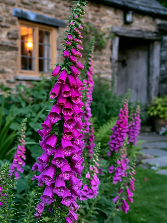 Tall foxglove flowers grow beside a rustic cottage with a warm light glowing through the window.