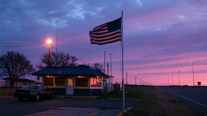 The American flag flying in strong wind is displayed at a roadside shelter during twilight.