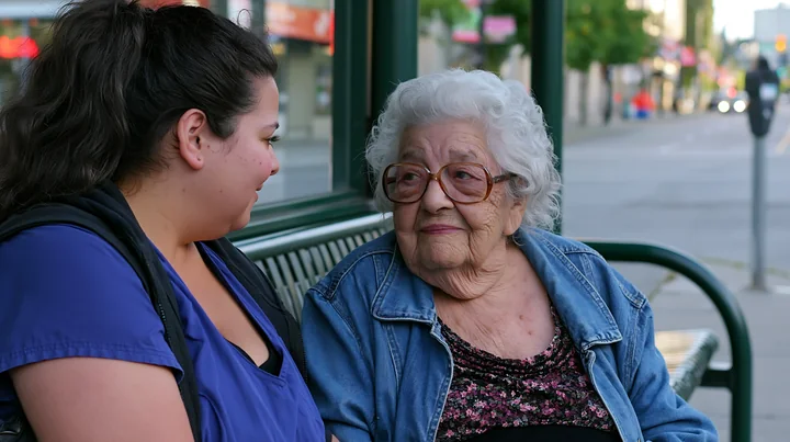 The caregiver sits closely next to the senior woman with dementia at a bus stop.