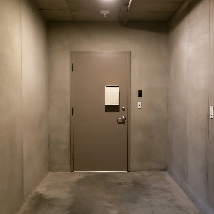 The entrance area of an apartment features a concrete wall and a gray door.