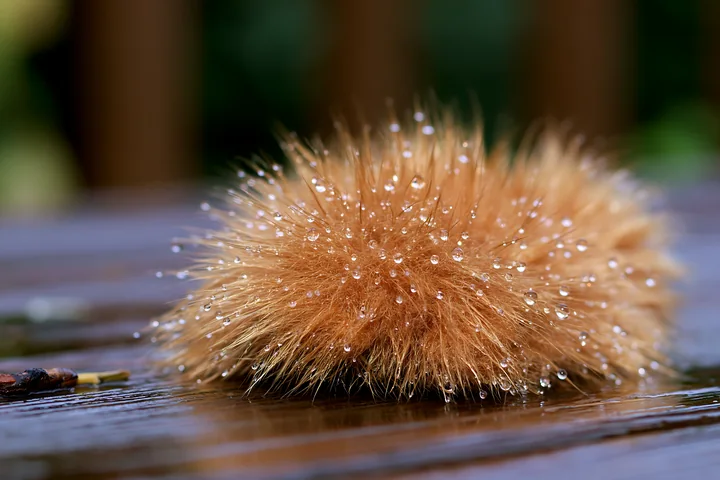 The photo shows a detailed close-up of wet teddy bear fur with water droplets resting on its surface.