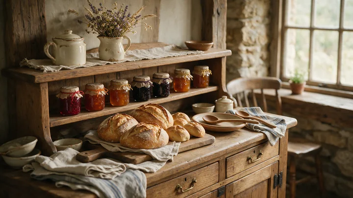 The rustic farmhouse buffet features loaves of fresh bread arranged on a wooden table, alongside jars of homemade preserves and ceramics, set in a cozy kitchen