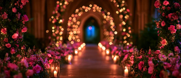 The scene features a pathway lined with rose arrangements and glowing candles, leading to an elegant backdrop illuminated by soft lights.
