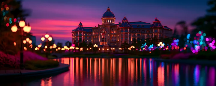The scene shows a grand building by the water as colorful lights illuminate the surroundings at twilight.