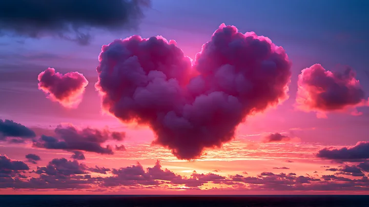The scene shows heart-shaped clouds during a vibrant sunset.