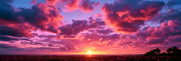 The sun sets over the horizon, casting warm colors across the sky.