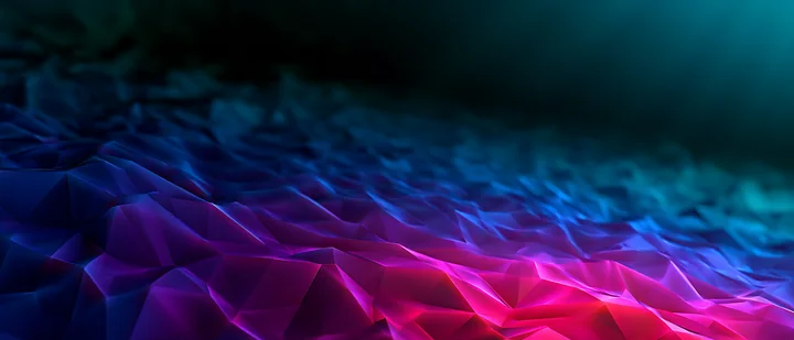 This visual presents a three-dimensional surface with a textured design in vibrant shades of pink and blue.