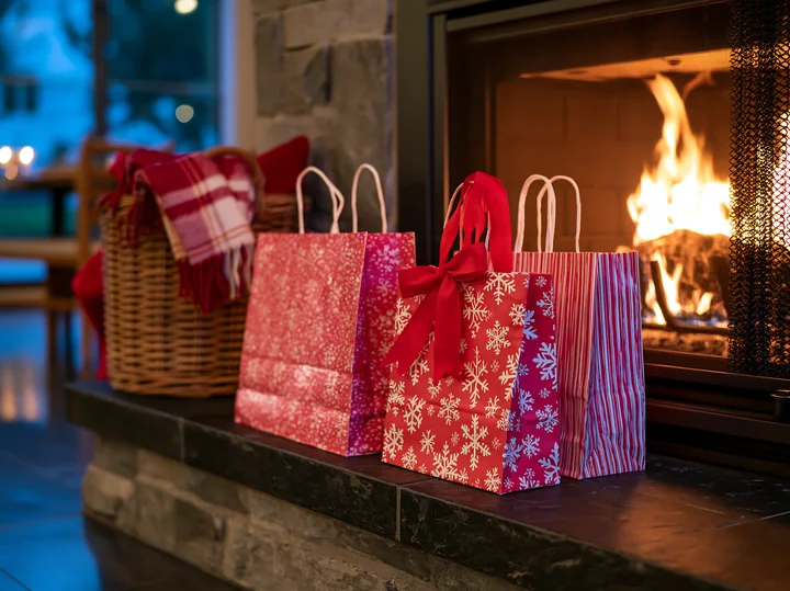 Three holiday shopping bags are placed beside a fireplace in a cozy living room.
