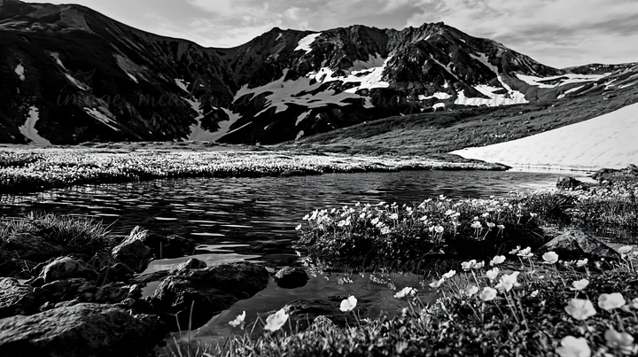 A snowmelt stream flows through a meadow filled with yellow flowers. The mountains rise in the background under a clear blue sky. Presented as a premium high-co
