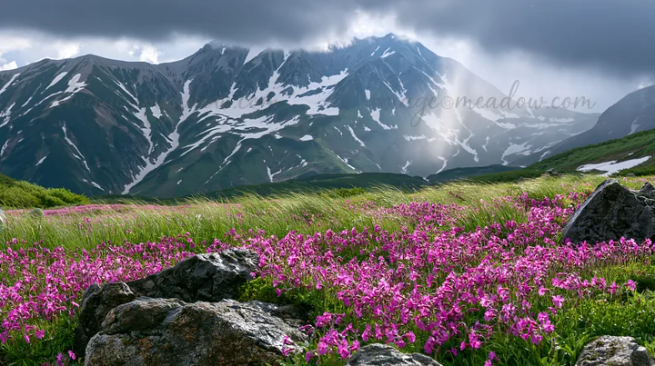 A meadow in Toyama features vibrant pink flowers and snowmelt rocks. Mountains rise in the background, with dark clouds and some sunlight illuminating the scene